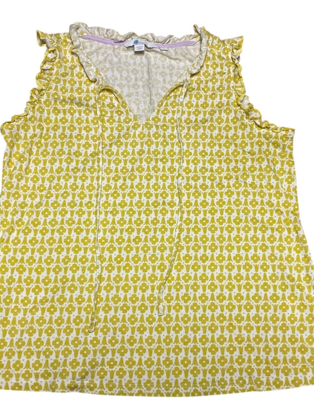 Boden Women’s Sleeveless Yellow & White Geometric Print V-Neck Ruffle Top Size 8 - Picture 7 of 9